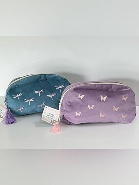 No Brand Fashion 2 Velvet Cosmetic Pouch Bags Dragonfly & Butterfly Print NWT